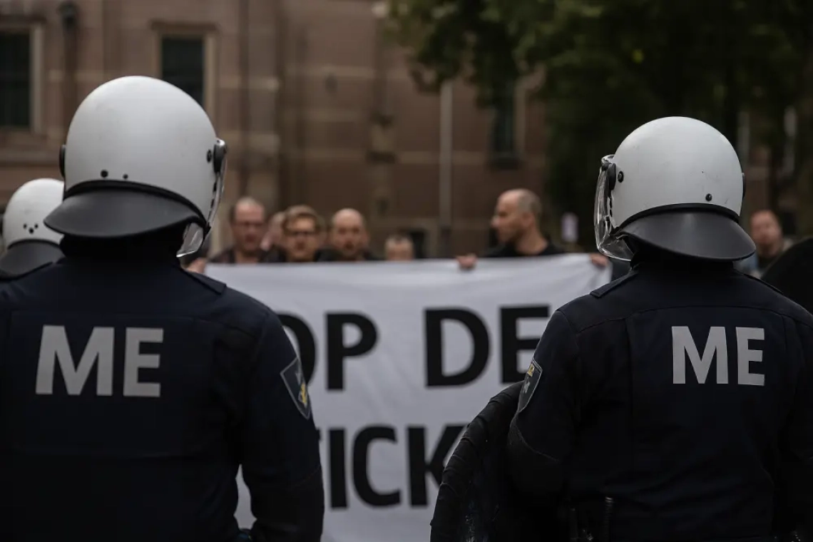 Riotpolitie van de Mobiele Eenheid staat tegenover demonstranten met een protestbanner tijdens een gespannen moment in Den Haag, met een historisch gebouw op de achtergrond.